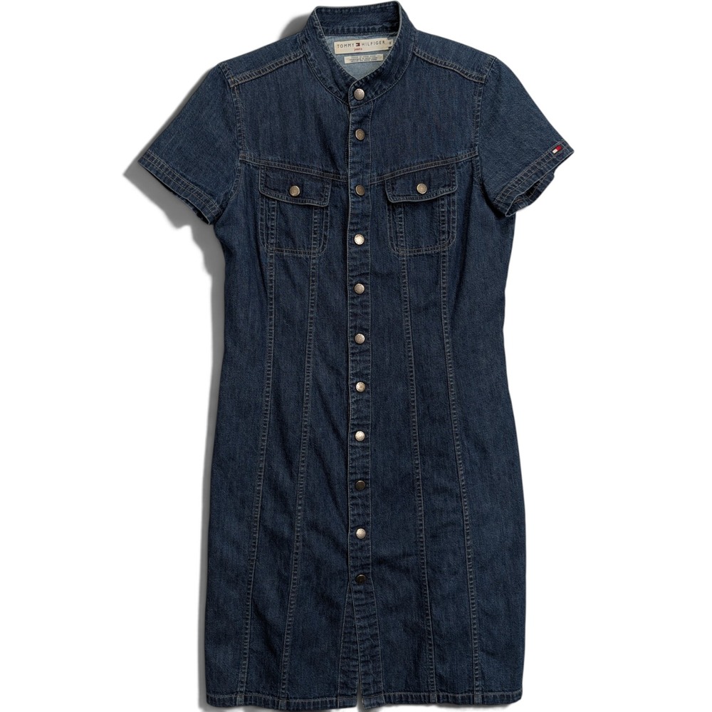 Tommy Hilfiger Womens Denim Shirt Dress 8 Short Sleeve Button Up Blue Vintage